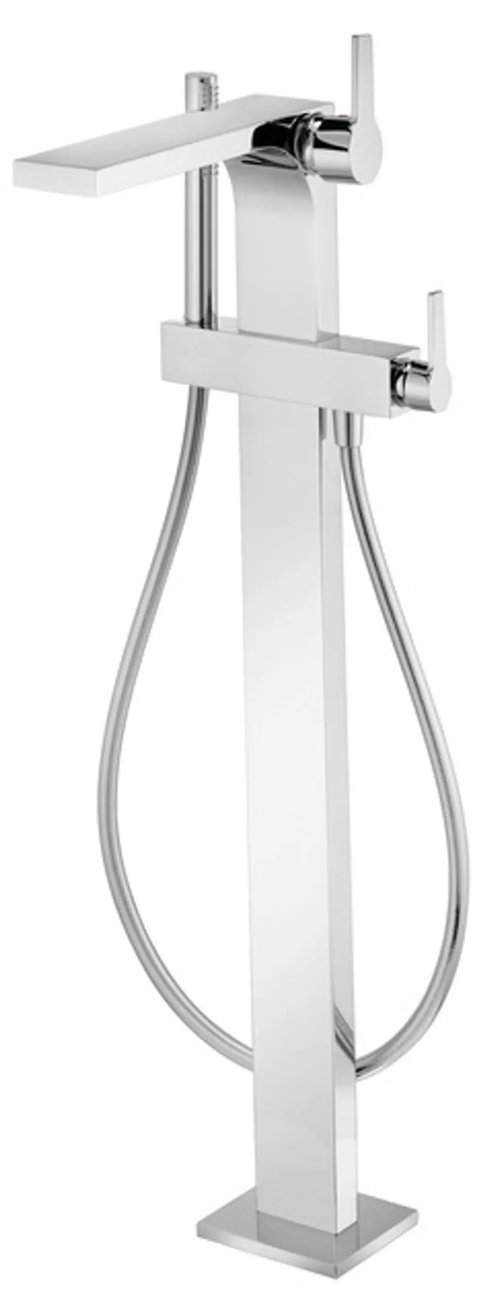 Freistehender Wannenmischer von Keuco mit verchromter Oberfläche und zwei Hebeln zur Temperatur- und Mengenregelung. Entwurf mit klaren Linien und modernem Design.
